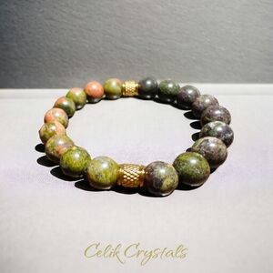 Dragon Blood Jasper & Unakite Bracelet Gold Spacers Unisex 10mm